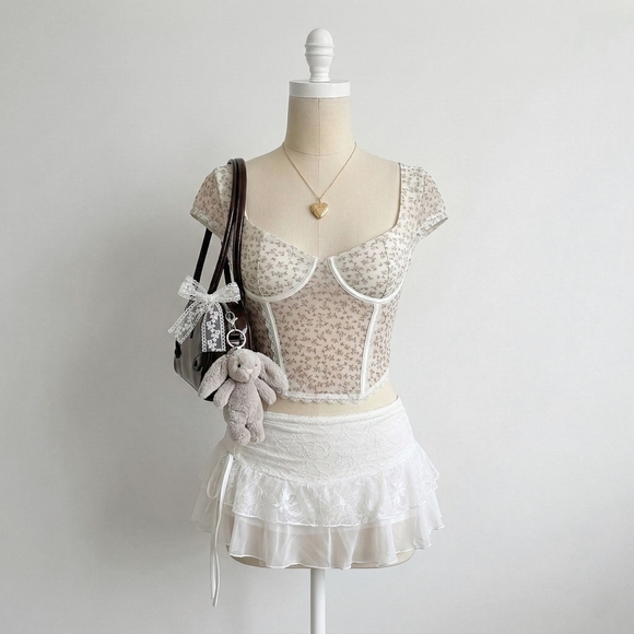 Ardene Tops - Ardene White, Cream And Pale Green Sheer Floral Open Back Bustier